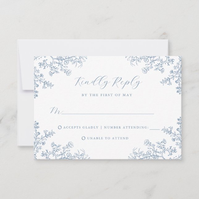Carte de réponse de mariage florale vintage bleu p (Devant)