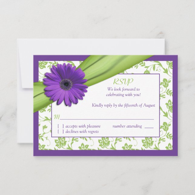 Carte de réponse de mariage florale violet vert da (Devant)