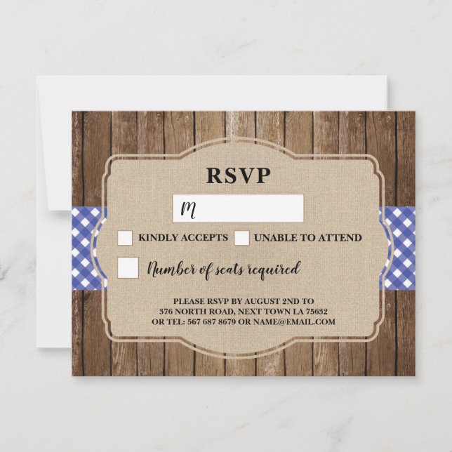 Carte de réponse de mariage Gingham bleu BBQ Burla (Devant)