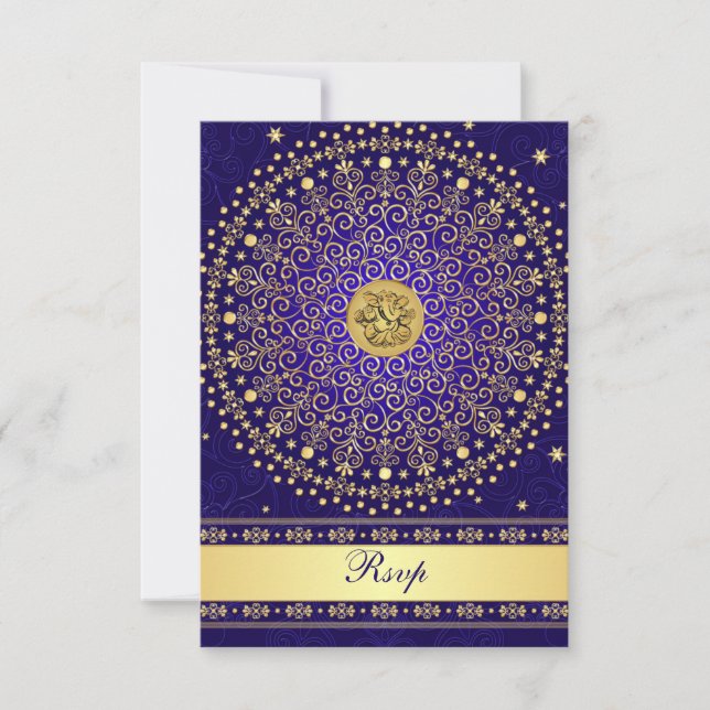Carte de réponse de mariage Hindu Ganesh Blue Gold (Devant)