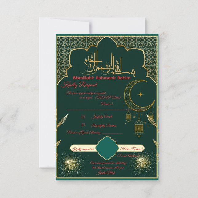 Carte de réponse de mariage islamique vert et or (Devant)