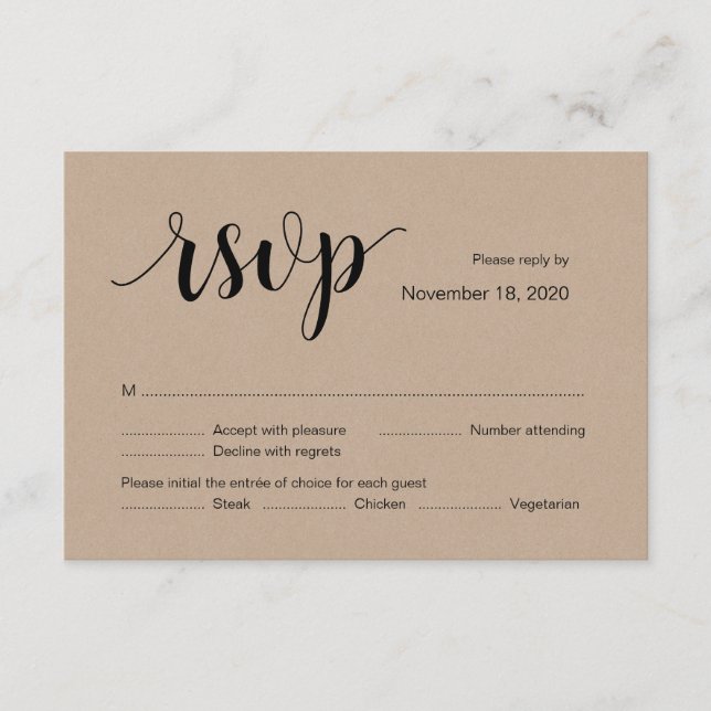 Carte de réponse de mariage Kraft rustique, couleu (Devant)
