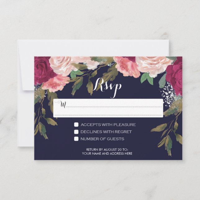carte de réponse de mariage marine florale burgund (Devant)