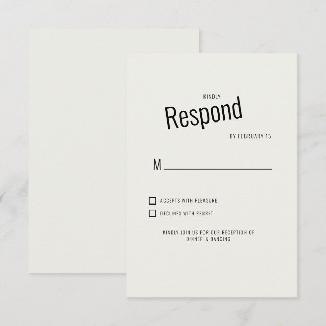 Carte de réponse de mariage moderne noire à texte  (Devant / Derrière)