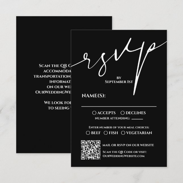 Carte de réponse de mariage moderne QR Code noir e (Devant / Derrière)