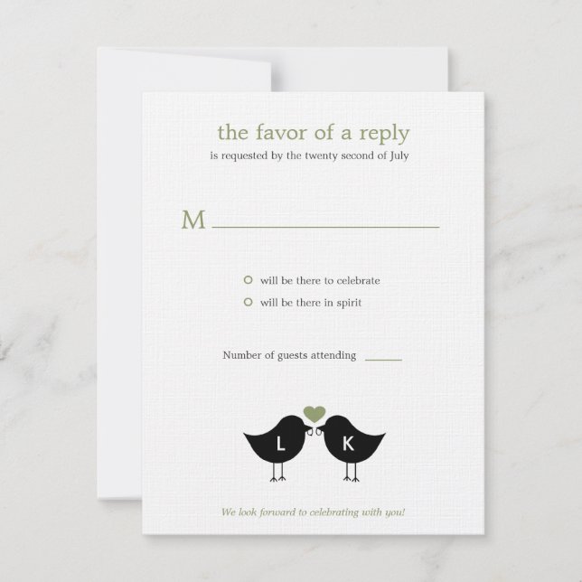 Carte de réponse de mariage Monogram Birds - Sauge (Devant)