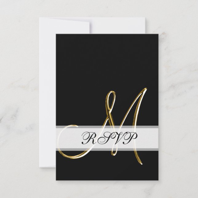 Carte de réponse de mariage Monogramme M Or Noir (Devant)