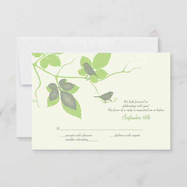 Carte de réponse de mariage Oiseaux et feuilles gr (Devant)