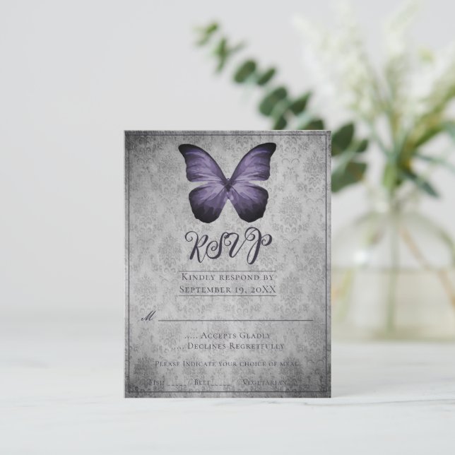 Carte de réponse de mariage papillon damassé vinta (Debout devant)