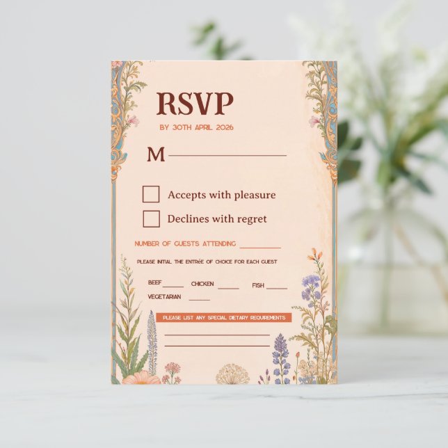 Carte de réponse de mariage rétro chic (Debout devant)