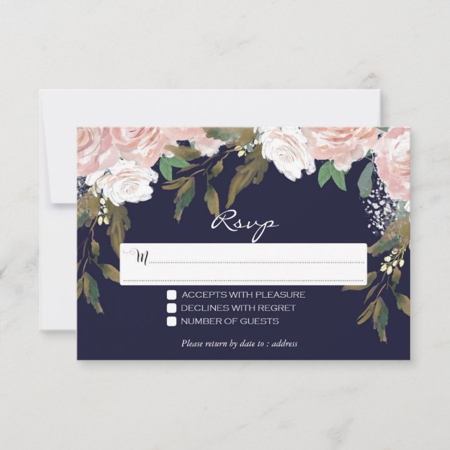 carte de réponse de mariage rose navy florale mode (Devant)