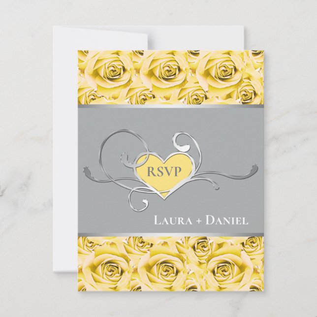 Carte de réponse de mariage Roses Grises et Jaunes (Devant)