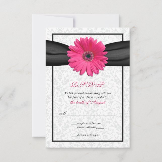 Carte de réponse de mariage Ruban noir Gerbera ros (Devant)