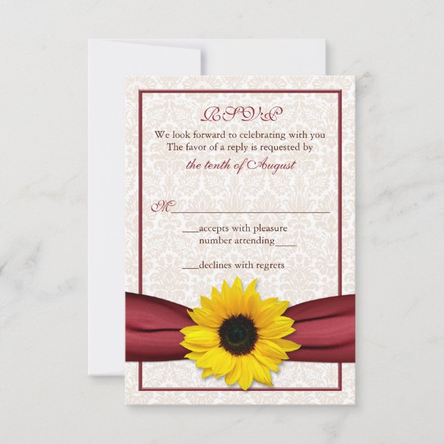 Carte de réponse de mariage Ruban Rouge Damassé To (Devant)