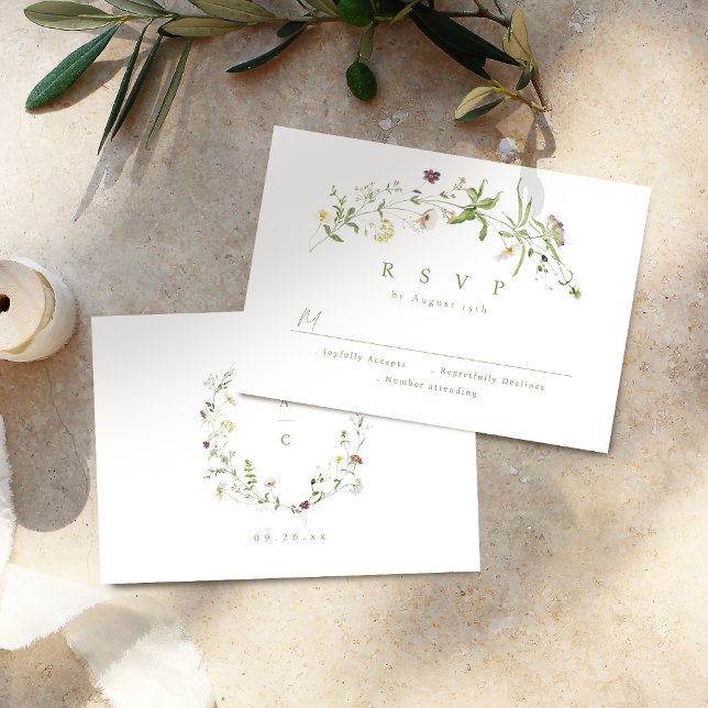 Carte de réponse de mariage rustique bohème à fleu (Sage Green Wildflower Rustic Boho Wedding RSVP)