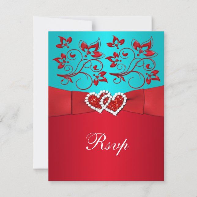 Carte de réponse de mariage Turquoise, Fleurs roug (Devant)