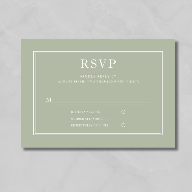 Carte de réponse de mariage vert sauge formel élég (Modern Elegant Formal Sage Green Wedding RSVP Card)