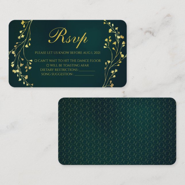 Carte de réponse de mariage verte avec motif flora (Devant / Derrière)