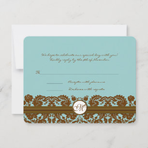 Carte de réponse de monogramme de mariage en damas