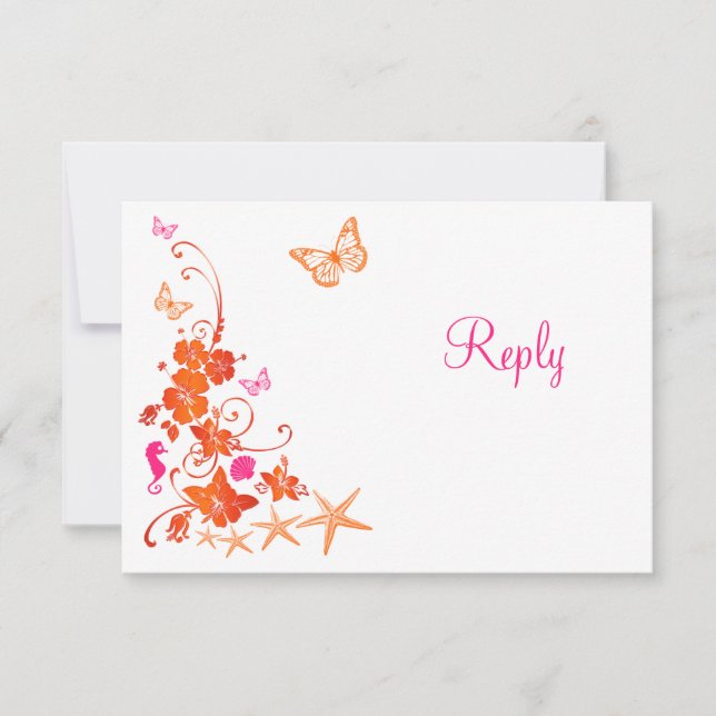 Carte de réponse de plage tropicale rose, orange,  (Devant)