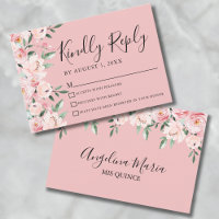 Carte de réponse de Quinceanera à fleurs roses