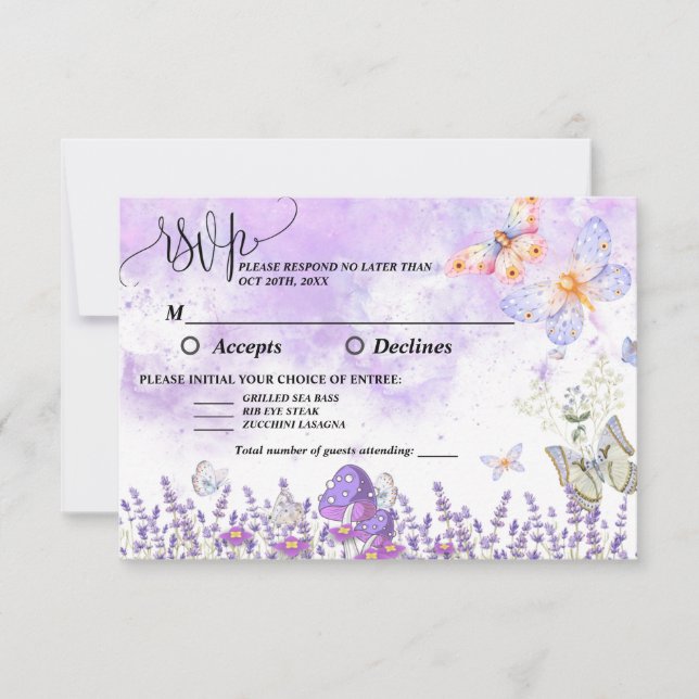 Carte de réponse DIY papillon élégant or et violet (Devant)