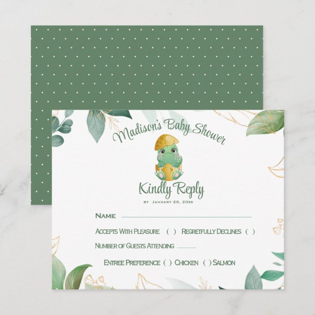 Carte de réponse du Baby shower d'oeufs Dino (Devant / Derrière)
