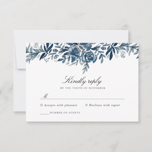 Carte de réponse du mariage de fleurs Indigo (Devant)