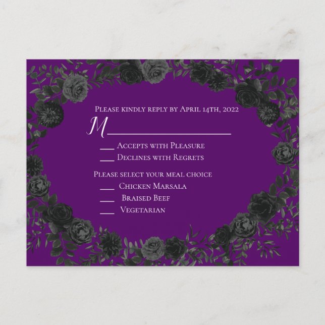 Carte de réponse du Mariage gothique Rose violet e (Devant)