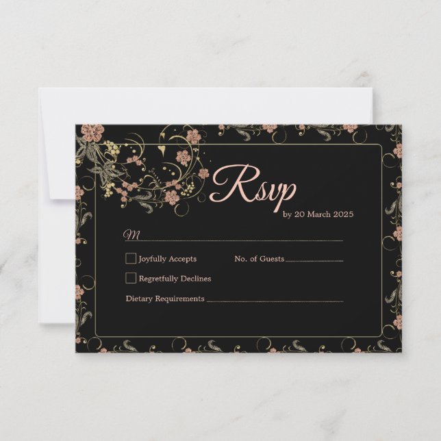 Carte de réponse du Mariage romantique noir et ros (Devant)