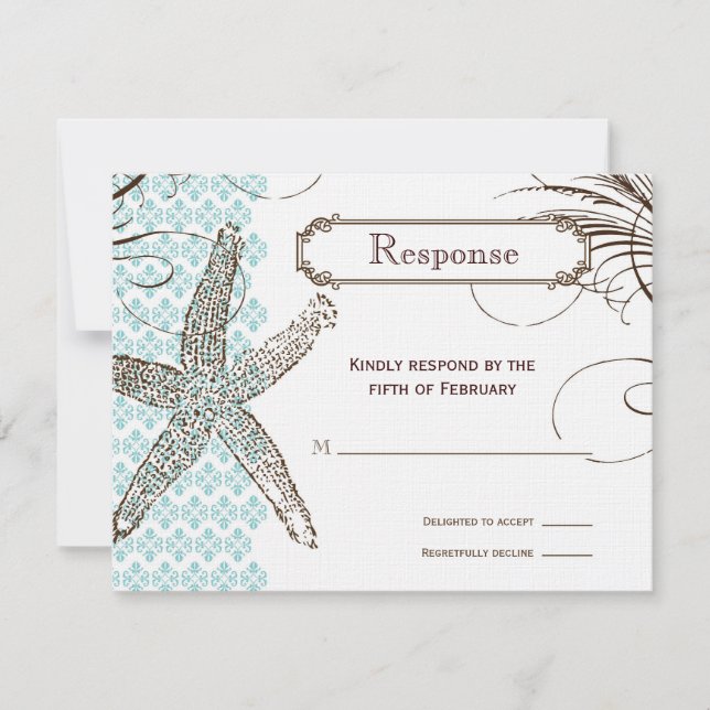 Carte de réponse du Mariage Tropical Damask bleu (Devant)