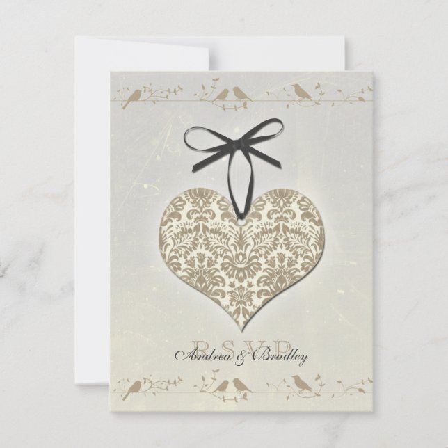 Carte de réponse du Mariage Vintage gris Damask He (Devant)