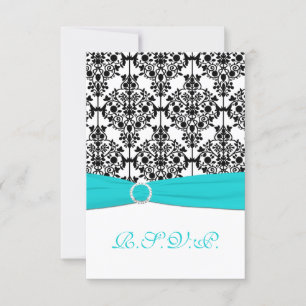 Carte de réponse en Damas aqua, blanc et noir 2