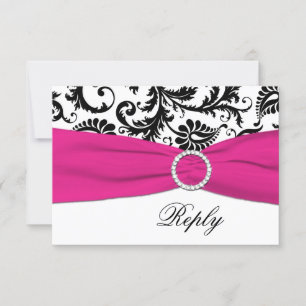 Carte de réponse en damas noir, blanc et fuchsia
