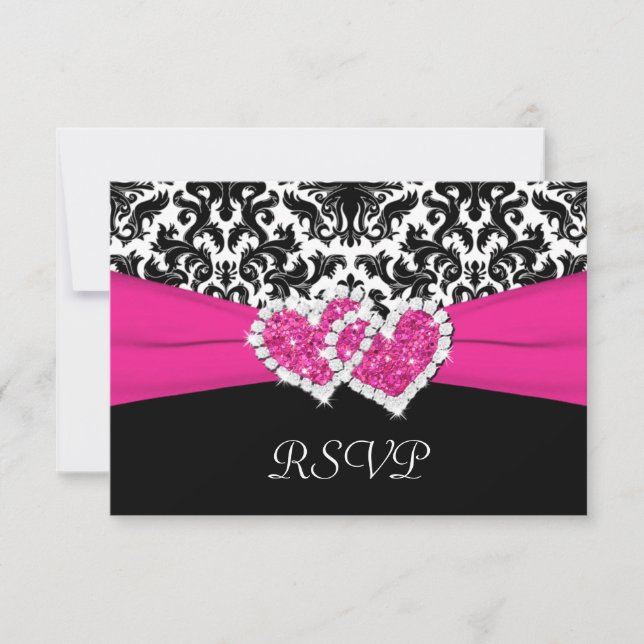 Carte de réponse en damas noir, blanc et rose avec (Devant)