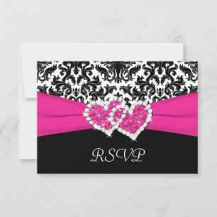Carte de réponse en damas noir, blanc et rose avec