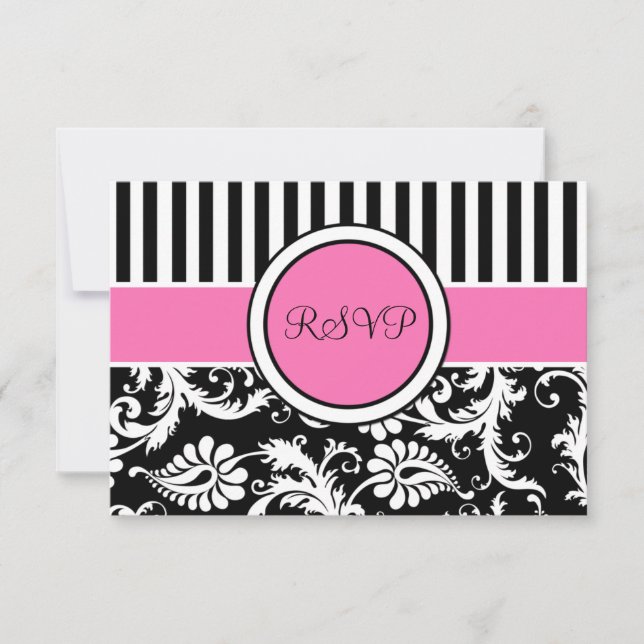 Carte de réponse en damas noir rose rayé de blanc (Devant)