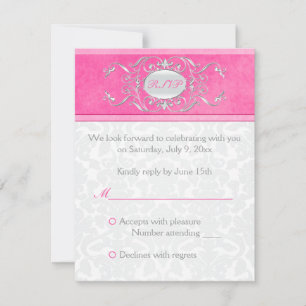 Carte de réponse en damas rose, blanc et gris