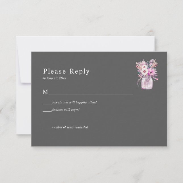 Carte de réponse en pot Mason gris avec des fleurs (Devant)