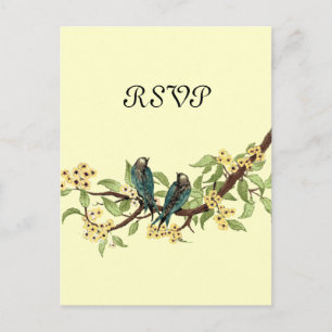 Carte de réponse Fleurs Jaunes Turquoise Oiseaux V