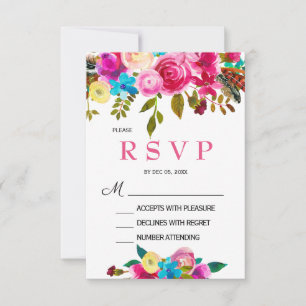 Carte de réponse florale aquarelle rose vibrant de