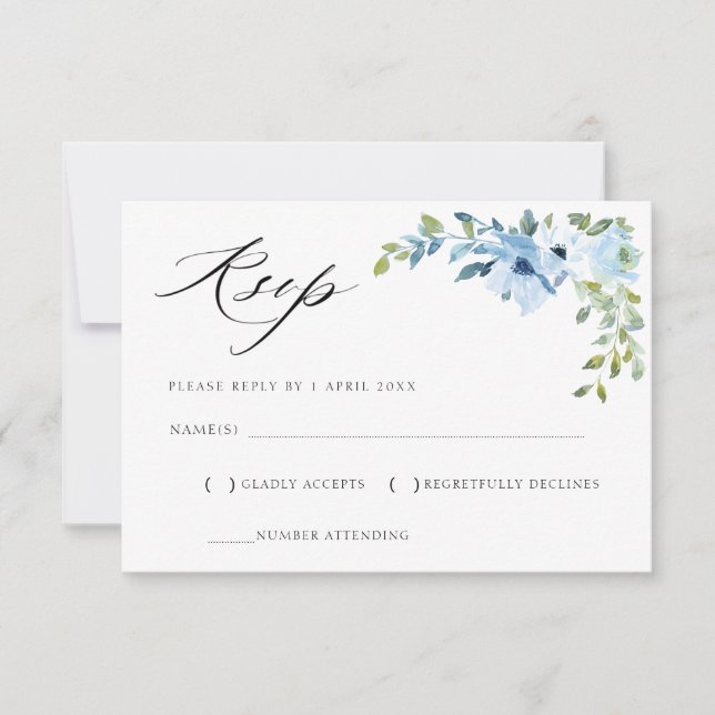 carte de réponse florale bleu clair aquarelle (Devant)