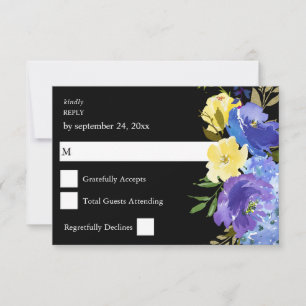 Carte de réponse florale bleue violette et jaune -