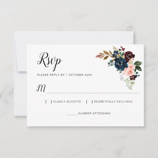 Carte de réponse florale burgundy bleu marine rose (Devant)