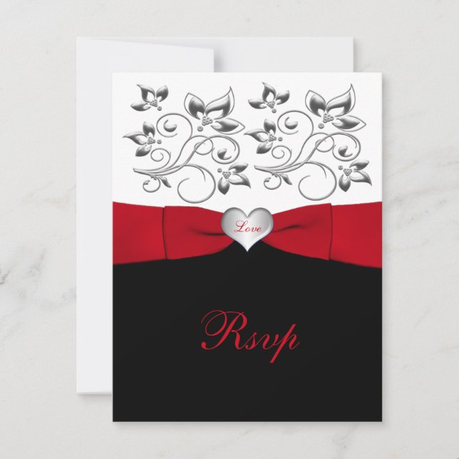Carte de réponse florale en noir blanc rouge impri (Devant)