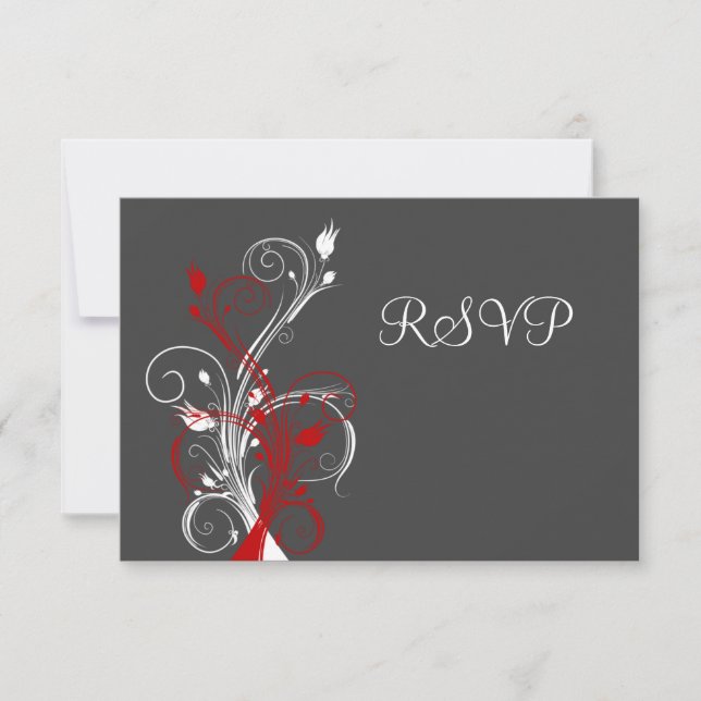 Carte de réponse florale grise, rouge et blanche R (Devant)