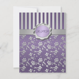 Carte de réponse florale rayée violette et grise