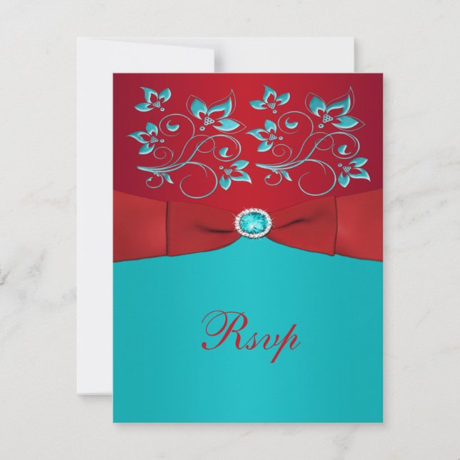 Carte de réponse florale rouge et turquoise (Devant)