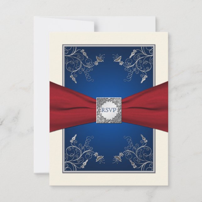 Carte de réponse florale rouge, ivoire et bleue (Devant)