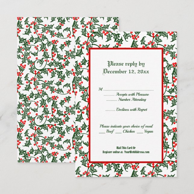 Carte de réponse Green Holly Editable 3,5 x 5 pouc (Devant / Derrière)